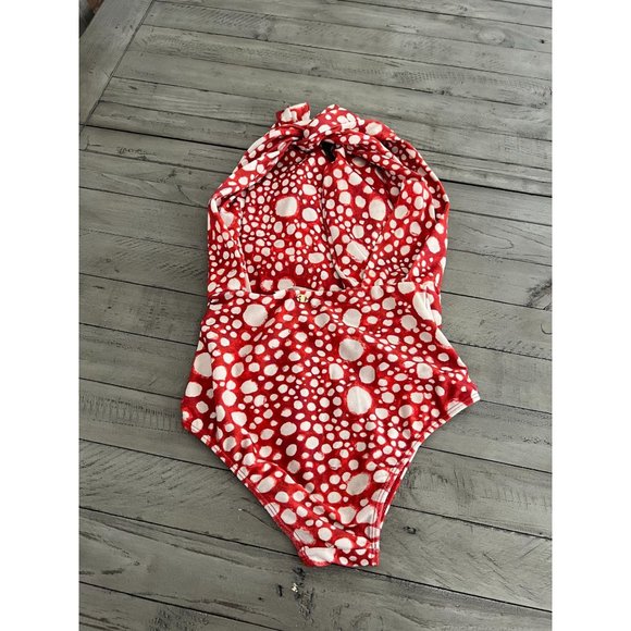 ADRIANA DEGREAS V Neck Red Dot Ray Fish One Piece Halter Neck Swimsuit Size M - Picture 6 of 7